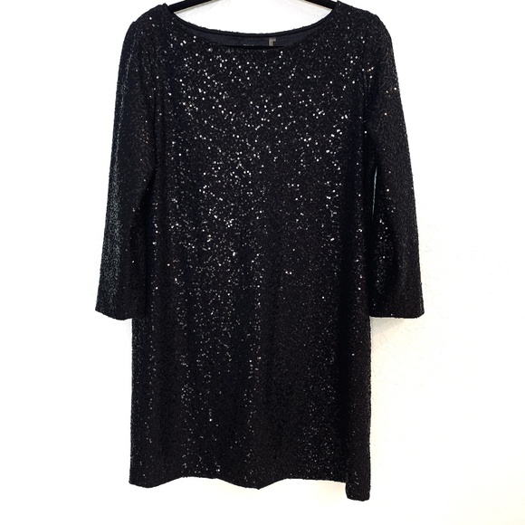 Tahari Black Sequins Shift Dress Size Medium Cocktail Whimsy Goth Sparkle - Picture 1 of 15